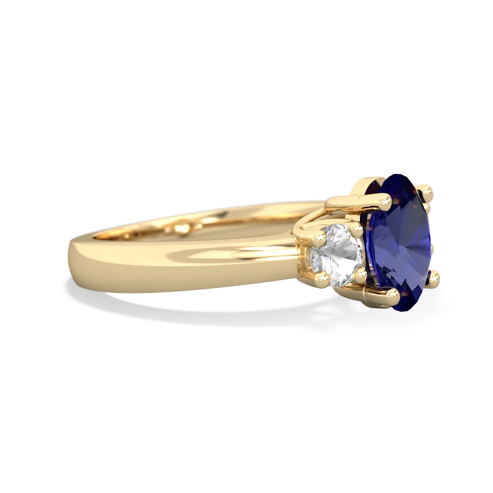 Lab Sapphire Three Stone Oval Trellis 14K Yellow Gold ring R4024