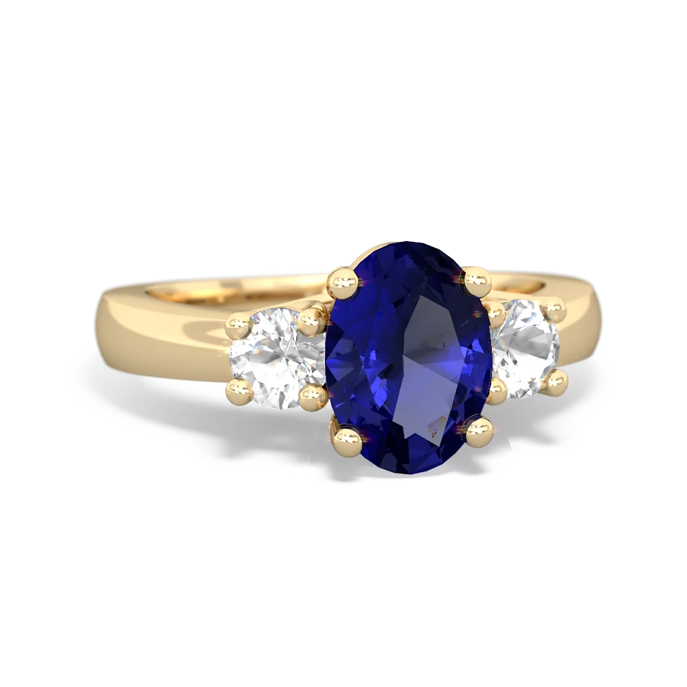 Lab Sapphire Three Stone Oval Trellis 14K Yellow Gold ring R4024