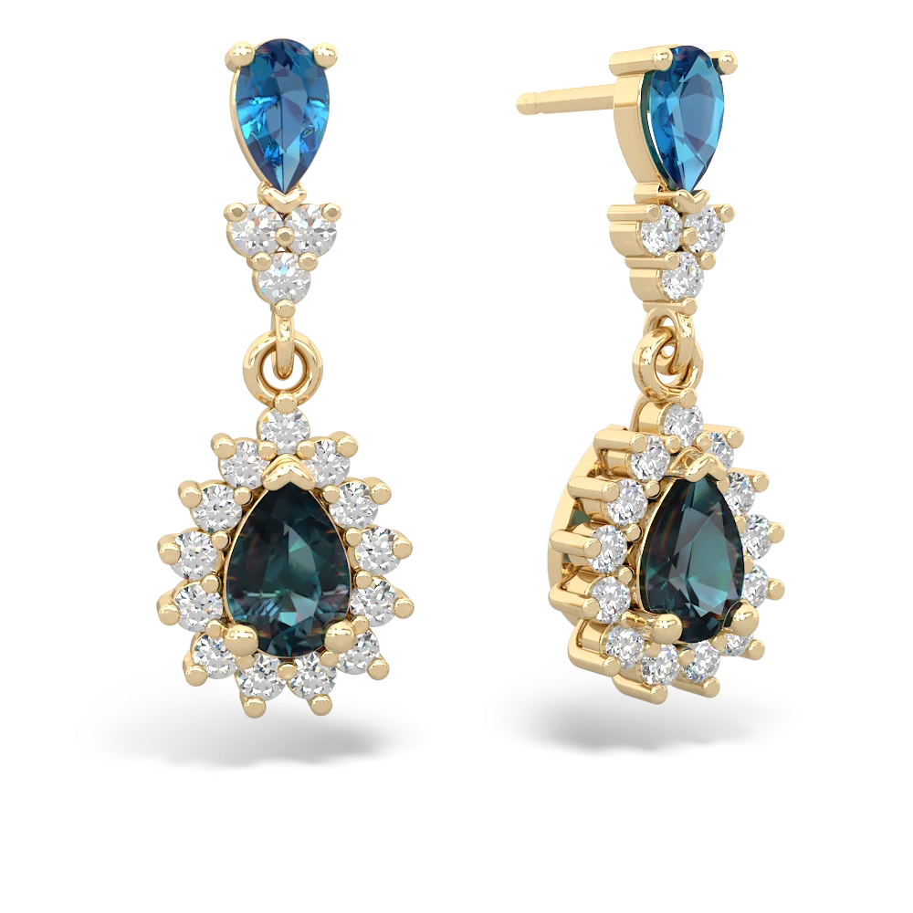 London Topaz Halo Pear Dangle 14K Yellow Gold earrings E1882