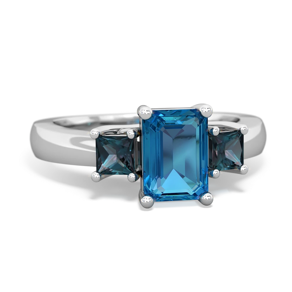 London Topaz Three Stone Emerald-Cut Trellis 14K White Gold ring R4021