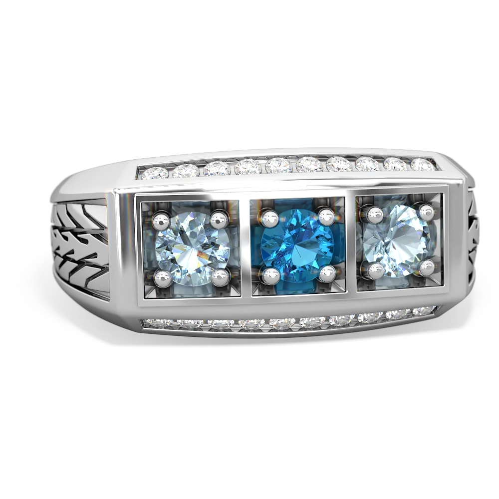 London Topaz Three Stone Tire Tread Men's 14K White Gold ring R0520