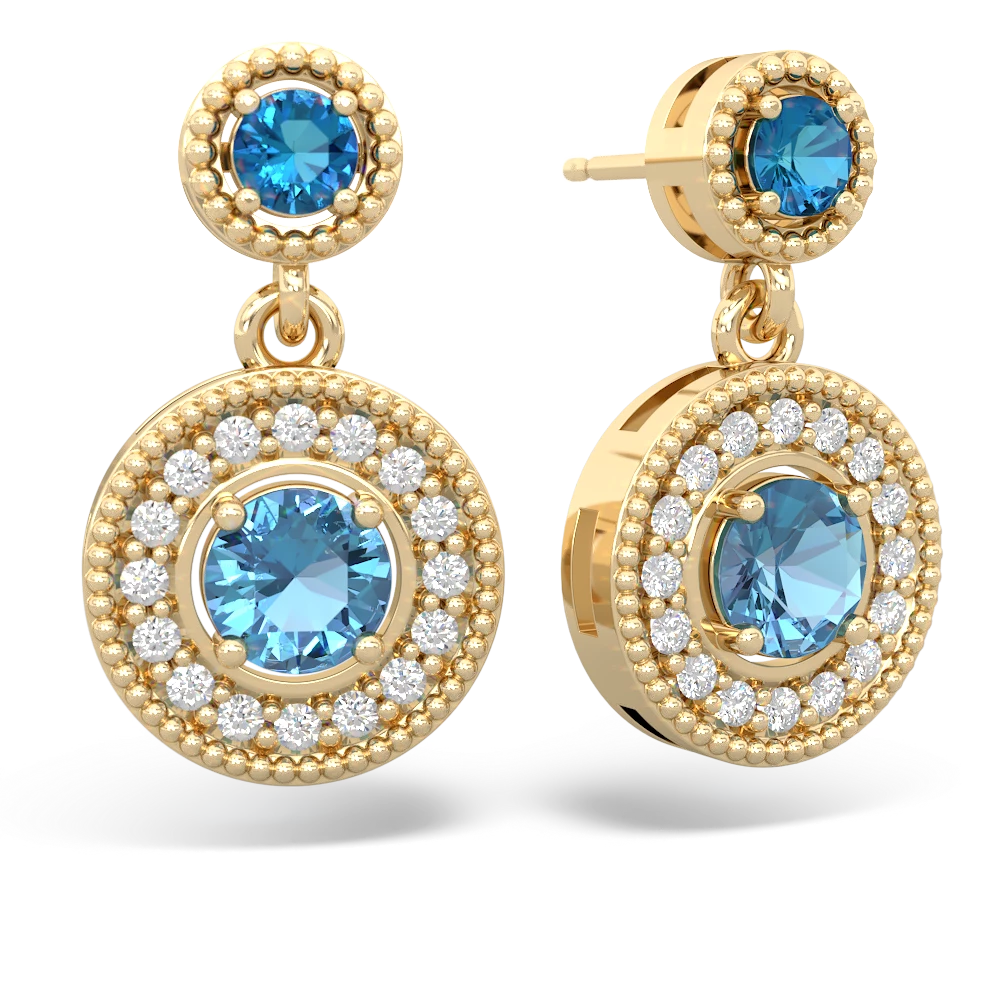 London Topaz Halo Dangle 14K Yellow Gold earrings E5319