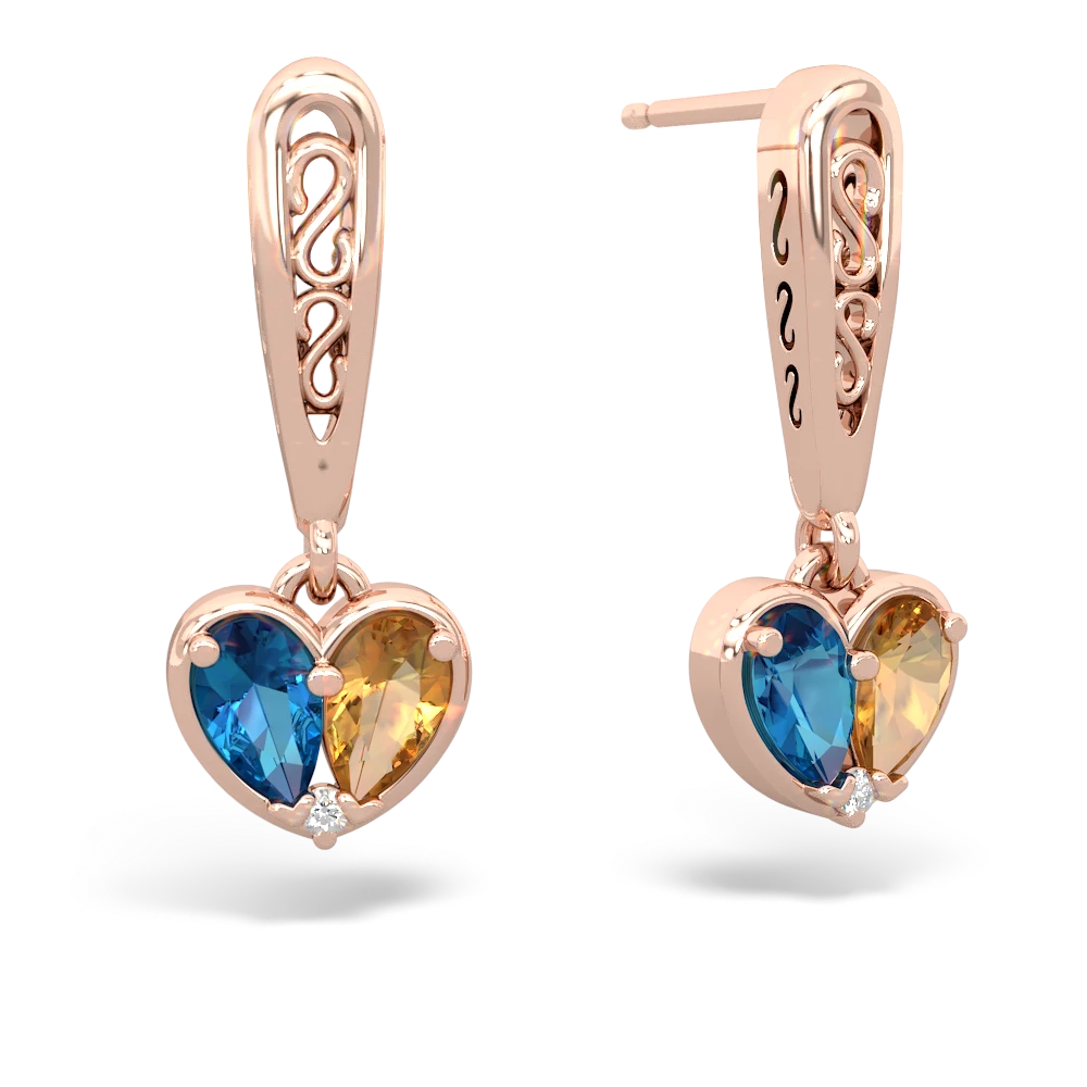 London Topaz Filligree Heart 14K Rose Gold earrings E5070