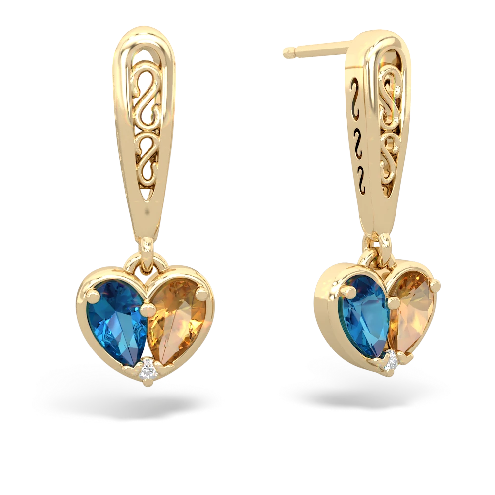 London Topaz Filligree Heart 14K Yellow Gold earrings E5070