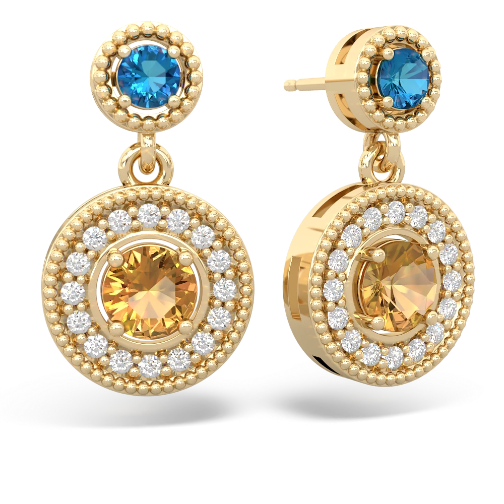 London Topaz Halo Dangle 14K Yellow Gold earrings E5319