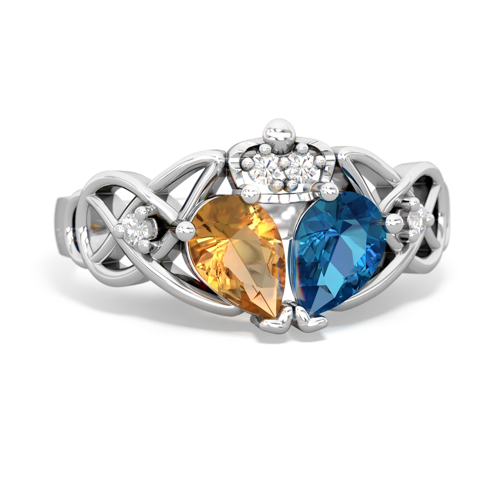 London Topaz 'One Heart' Celtic Knot Claddagh 14K White Gold ring R5322