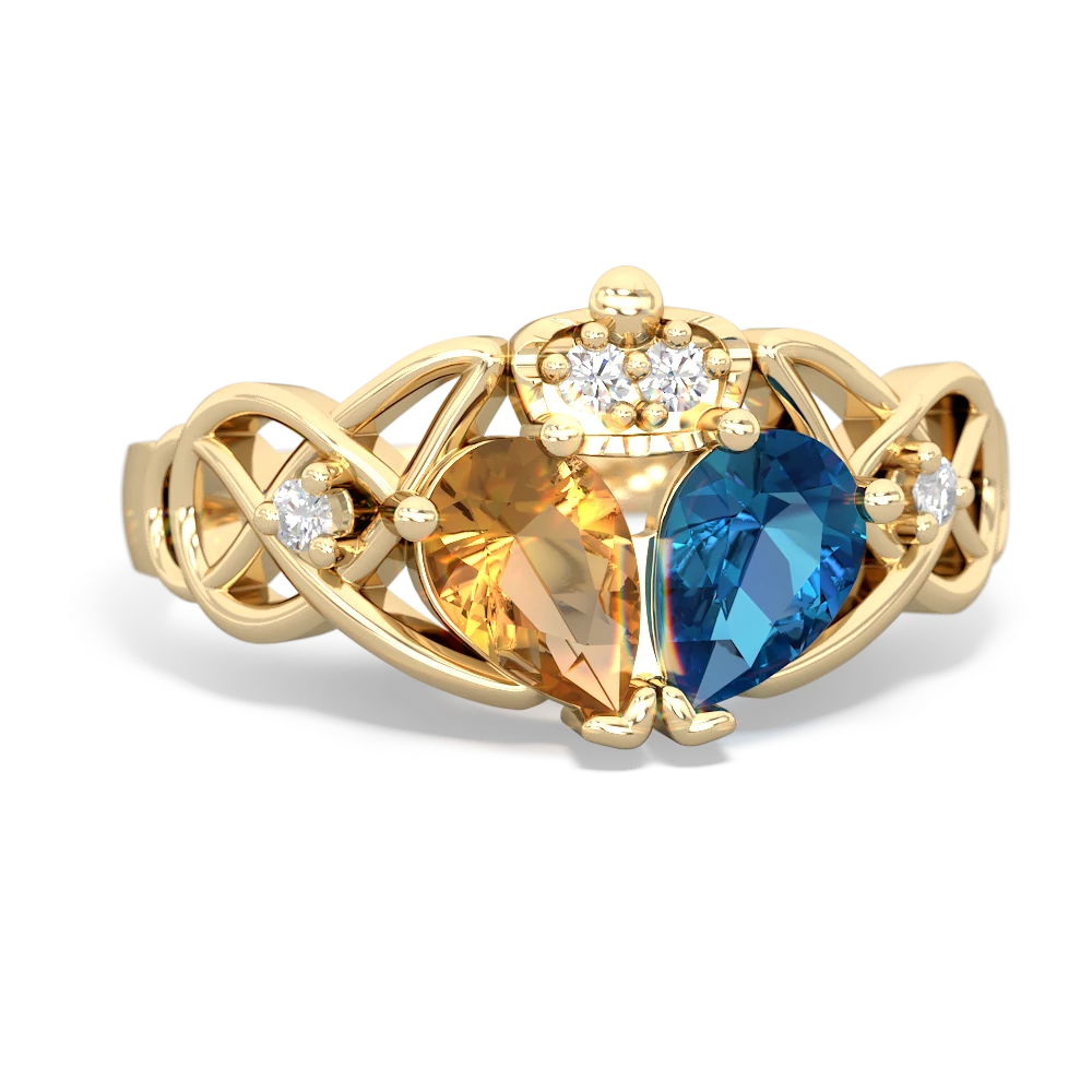 London Topaz 'One Heart' Celtic Knot Claddagh 14K Yellow Gold ring R5322