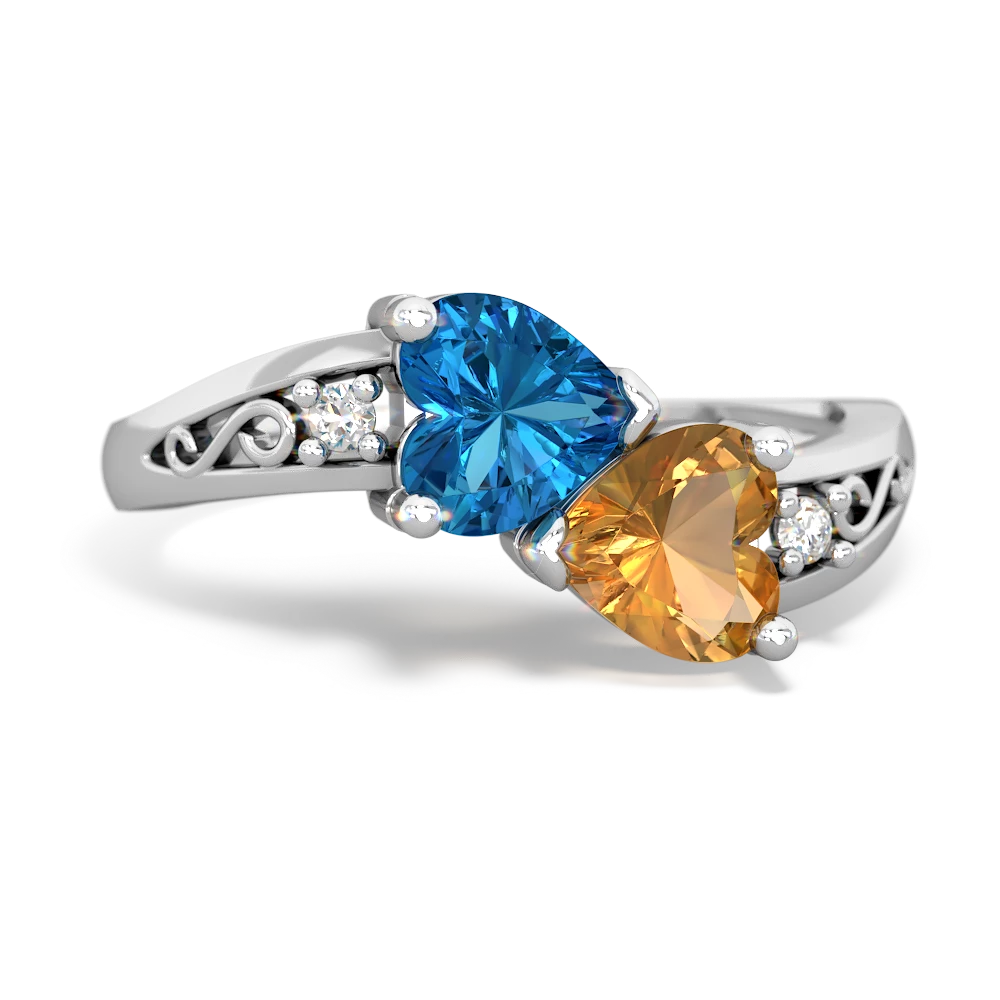 London Topaz Snuggling Hearts 14K White Gold ring R2178