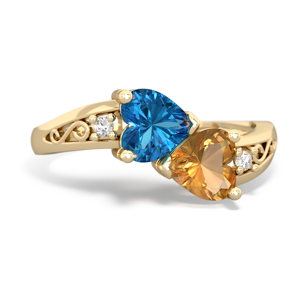 London Topaz Snuggling Hearts 14K Yellow Gold ring R2178