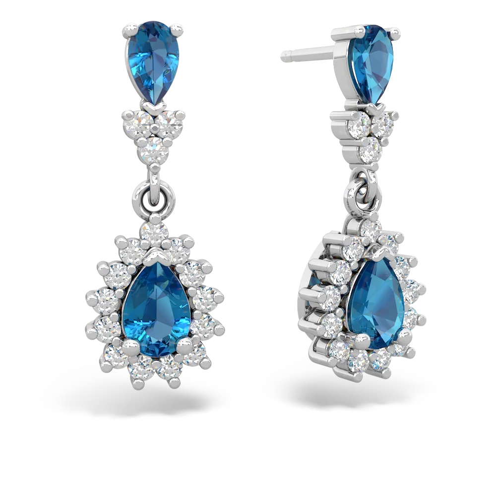 London Topaz Halo Pear Dangle 14K White Gold earrings E1882