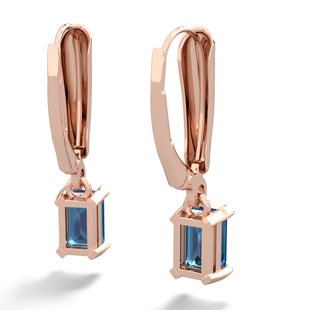 London Topaz 6X4mm Emerald-Cut Lever Back 14K Rose Gold earrings E2855