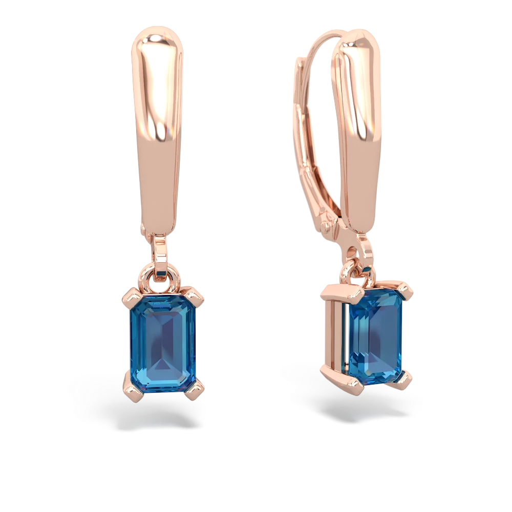 London Topaz 6X4mm Emerald-Cut Lever Back 14K Rose Gold earrings E2855