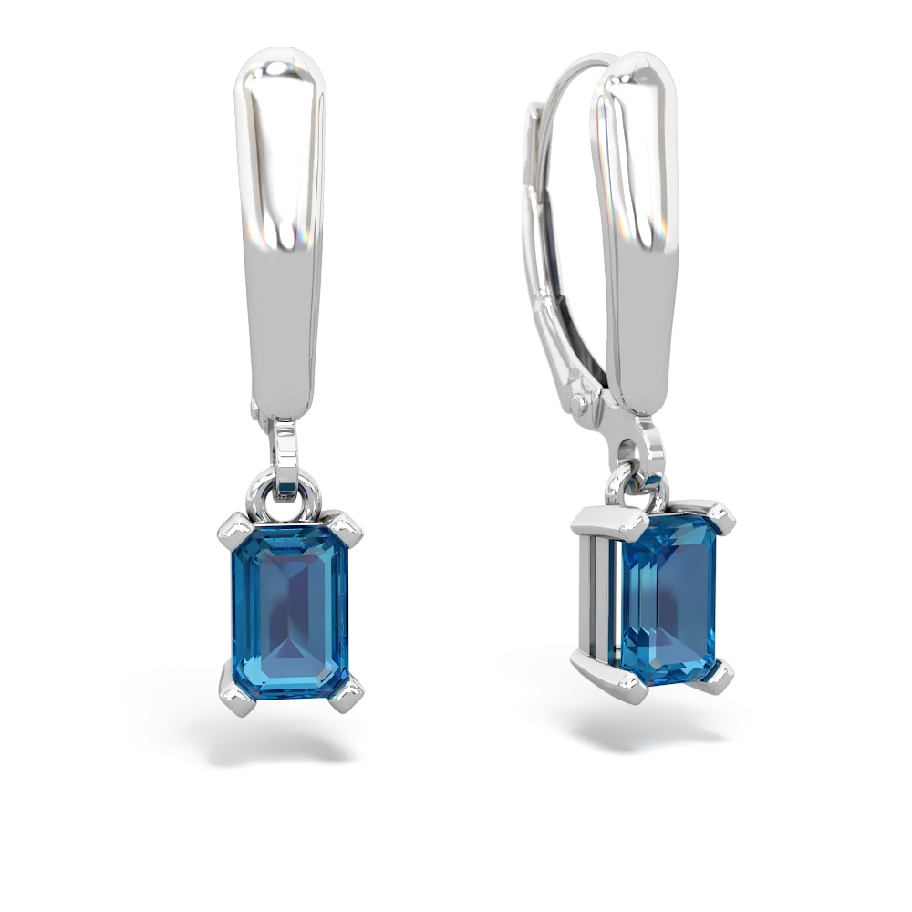 London Topaz 6X4mm Emerald-Cut Lever Back 14K White Gold earrings E2855