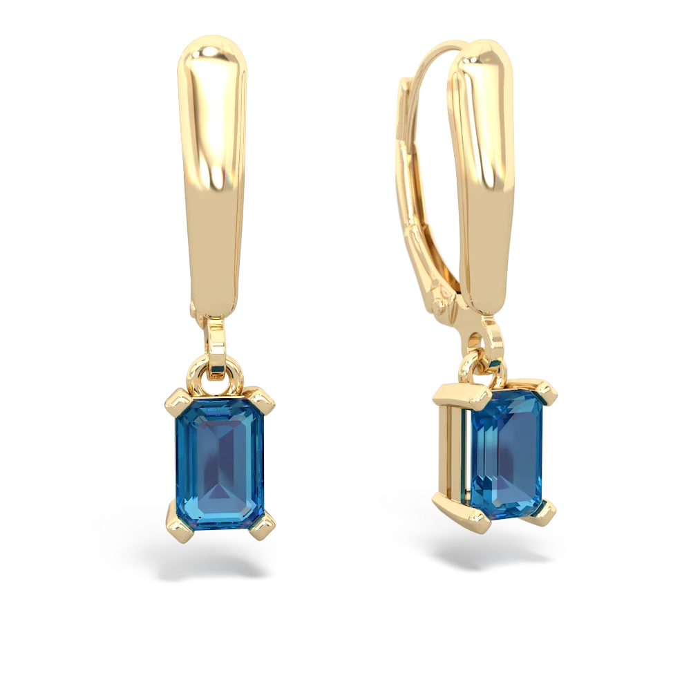 London Topaz 6X4mm Emerald-Cut Lever Back 14K Yellow Gold earrings E2855