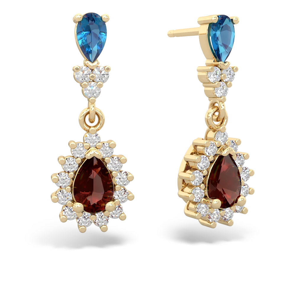 London Topaz Halo Pear Dangle 14K Yellow Gold earrings E1882