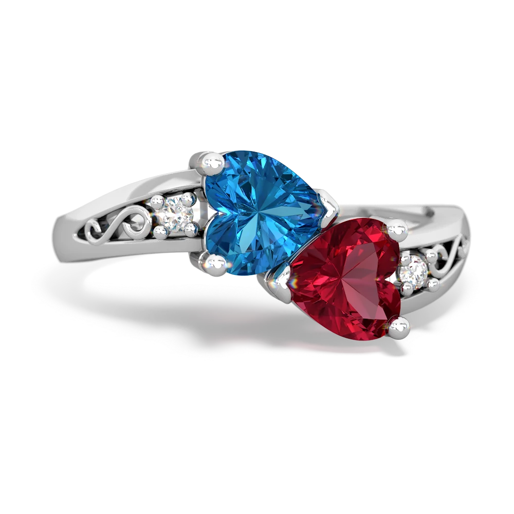 London Topaz Snuggling Hearts 14K White Gold ring R2178