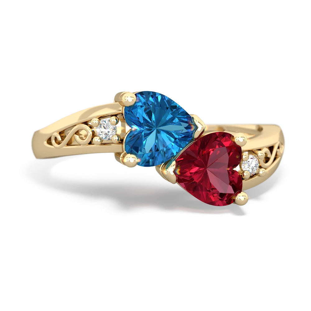 London Topaz Snuggling Hearts 14K Yellow Gold ring R2178