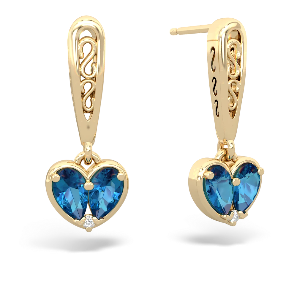 London Topaz Filligree Heart 14K Yellow Gold earrings E5070