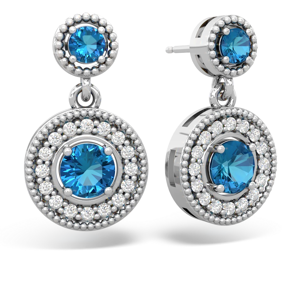 London Topaz Halo Dangle 14K White Gold earrings E5319