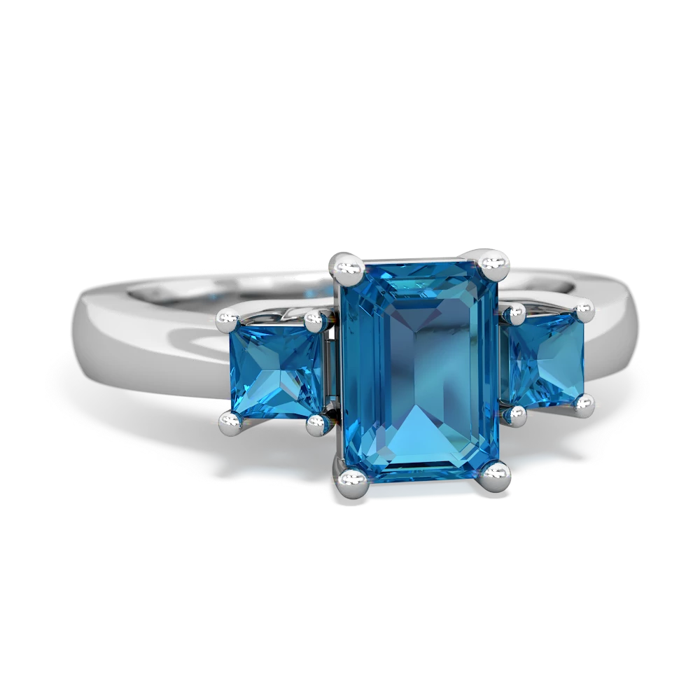 Blue Topaz Three Stone Emerald-Cut Trellis 14K White Gold ring R4021