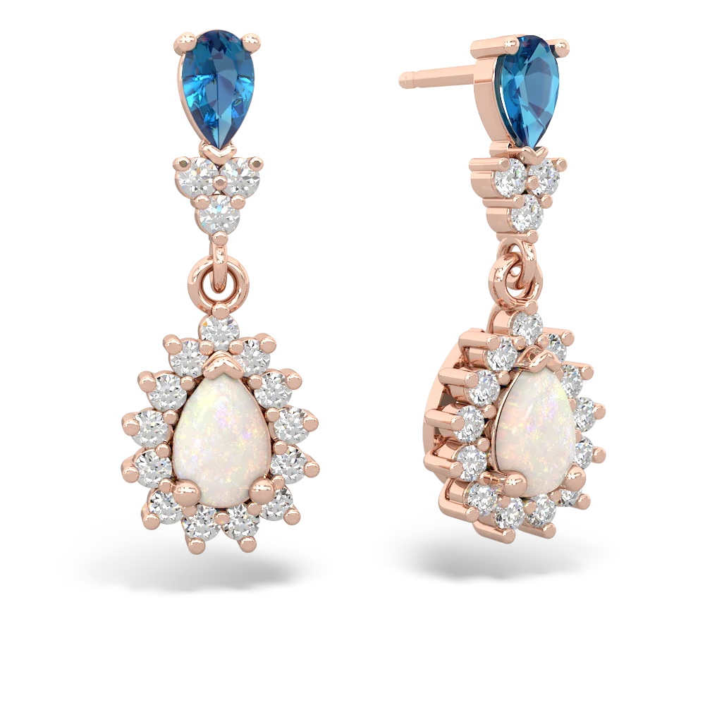 London Topaz Halo Pear Dangle 14K Rose Gold earrings E1882