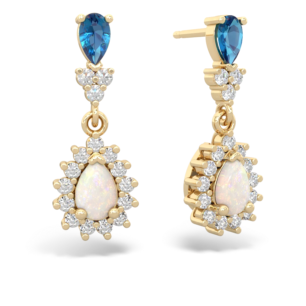 London Topaz Halo Pear Dangle 14K Yellow Gold earrings E1882