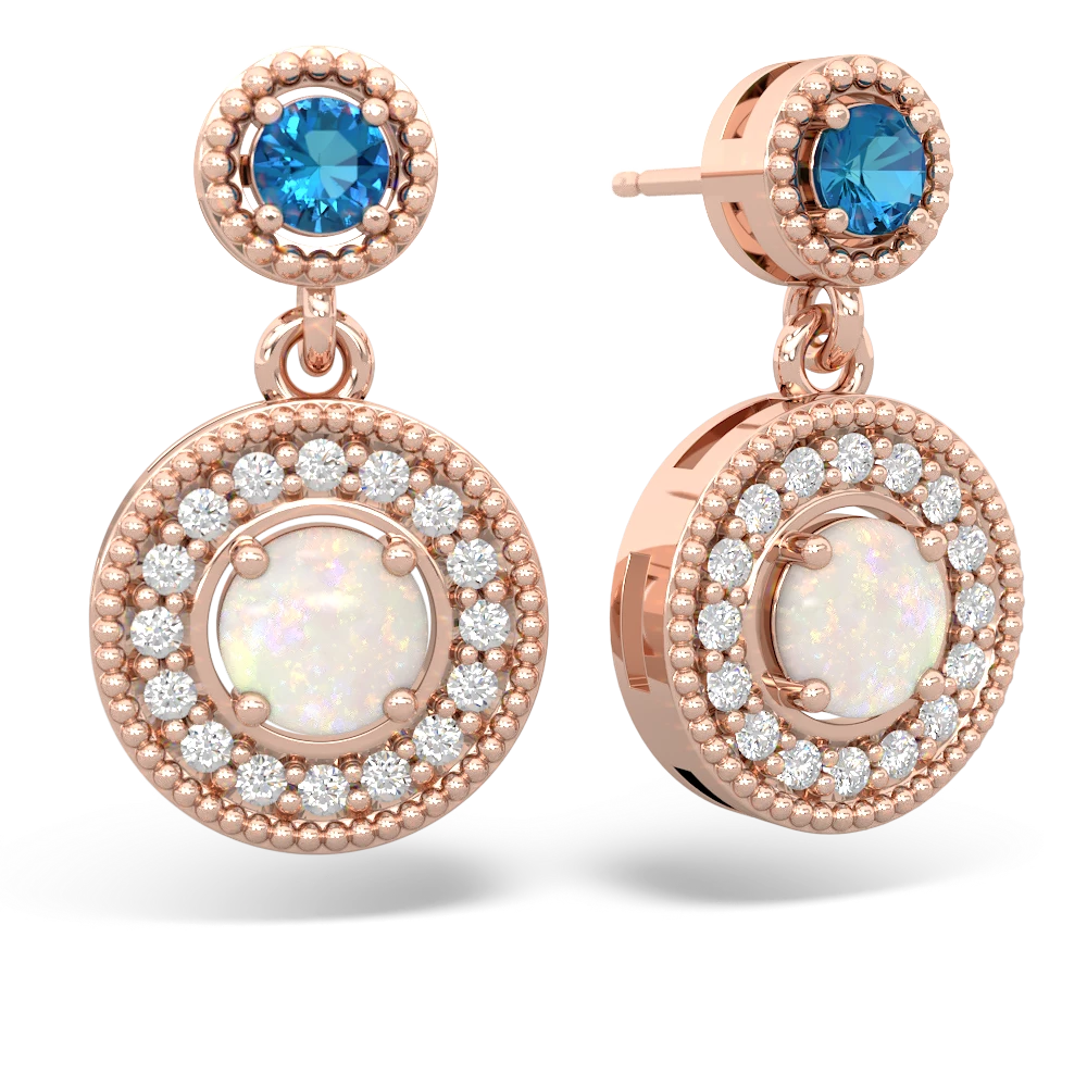 London Topaz Halo Dangle 14K Rose Gold earrings E5319