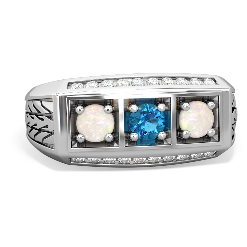 London Topaz Three Stone Tire Tread Men's 14K White Gold ring R0520