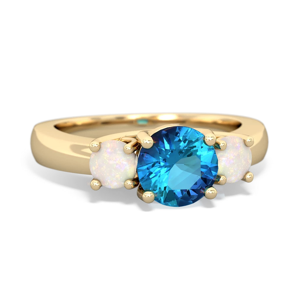 London Topaz Three Stone Round Trellis 14K Yellow Gold ring R4018