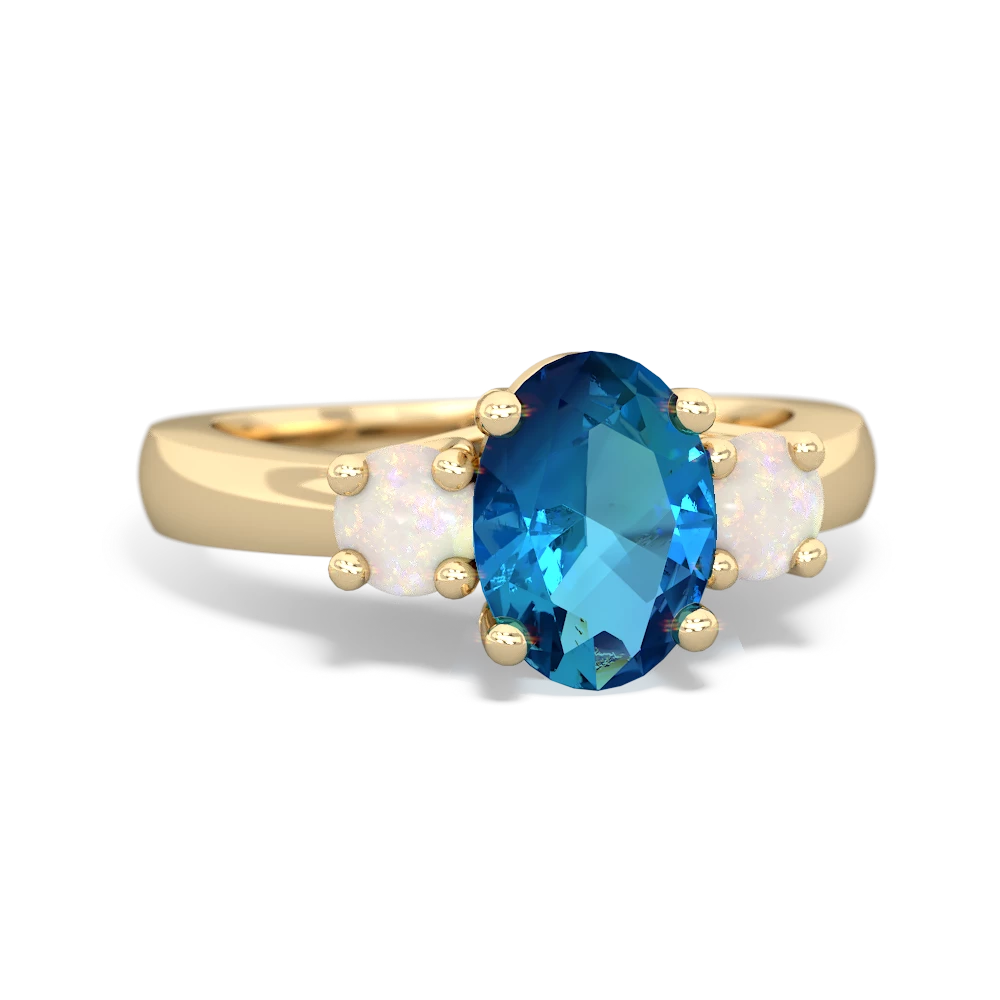 London Topaz Three Stone Oval Trellis 14K Yellow Gold ring R4024