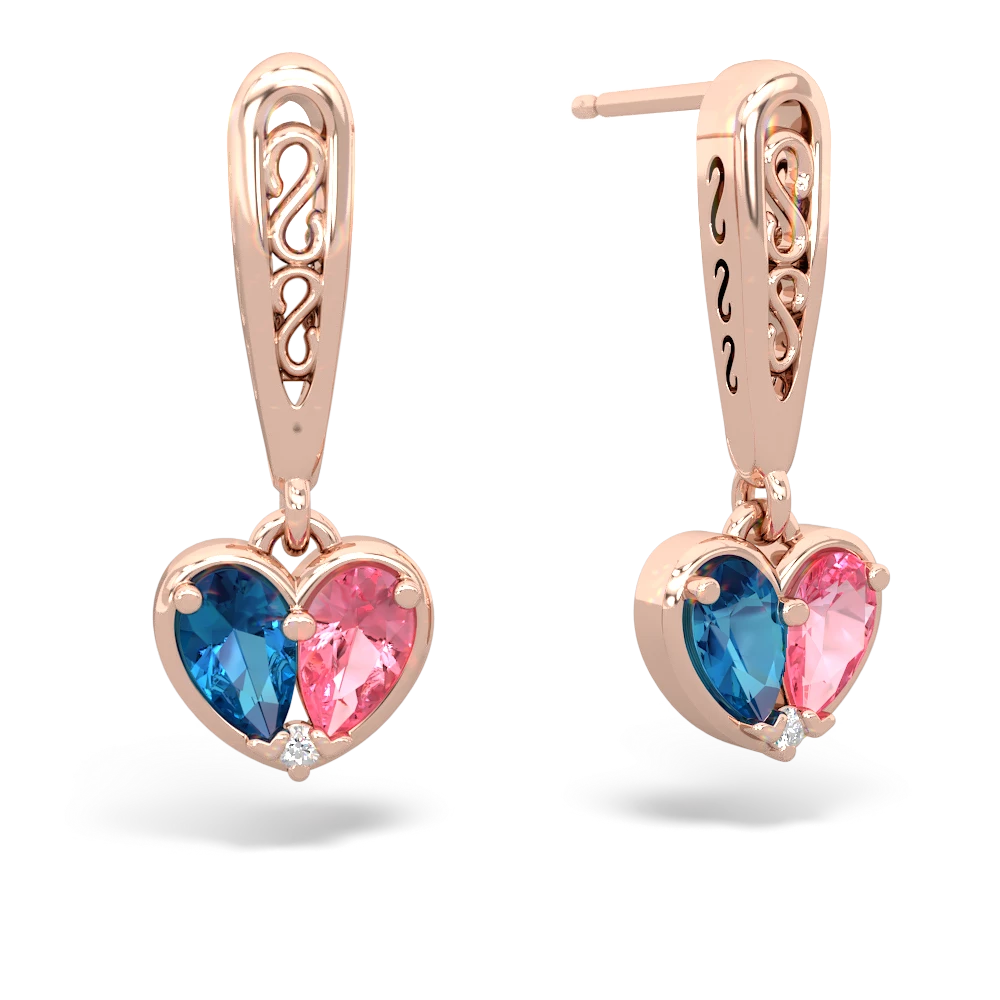 London Topaz Filligree Heart 14K Rose Gold earrings E5070