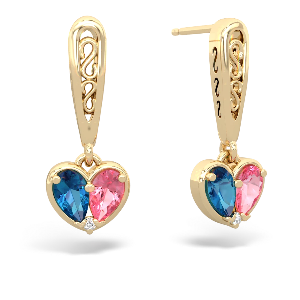 London Topaz Filligree Heart 14K Yellow Gold earrings E5070