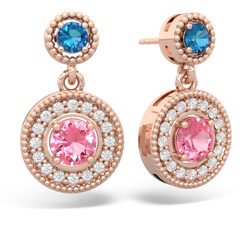 London Topaz Halo Dangle 14K Rose Gold earrings E5319