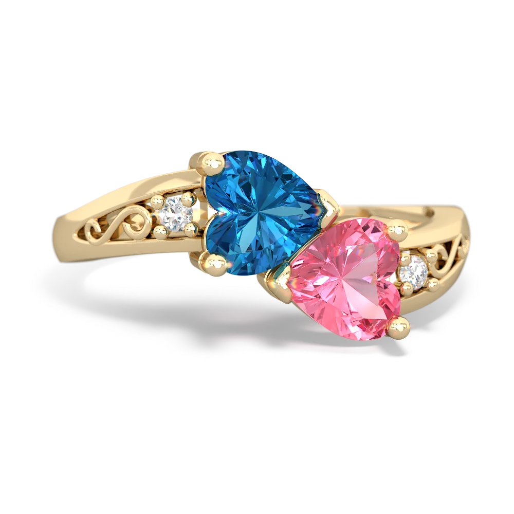 London Topaz Snuggling Hearts 14K Yellow Gold ring R2178