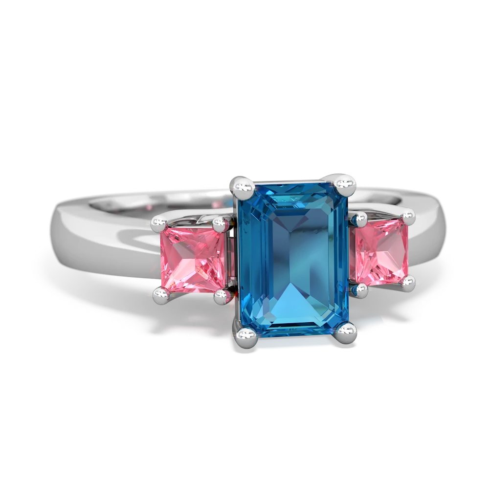 London Topaz Three Stone Emerald-Cut Trellis 14K White Gold ring R4021