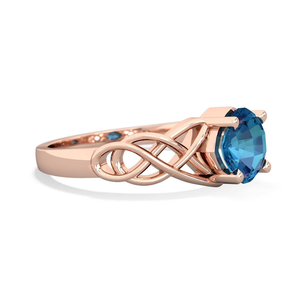 London Topaz Checkerboard Cushion Celtic Knot 14K Rose Gold ring R5000