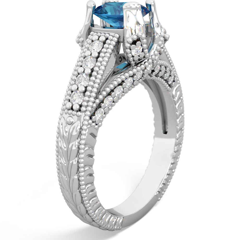 London Topaz Antique Style Milgrain Diamond 14K White Gold ring R2028