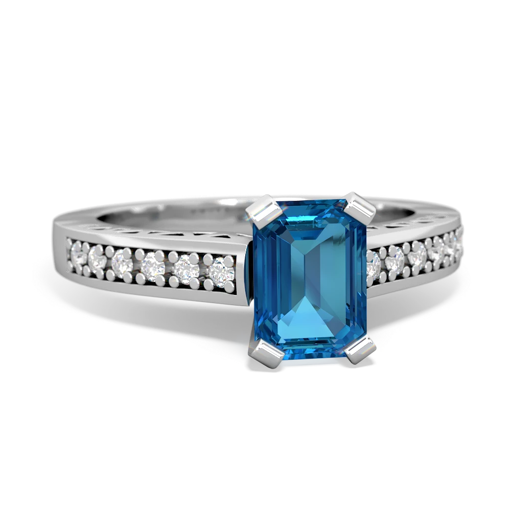 London Topaz Art Deco Engagement 7X5mm Emerald-Cut 14K White Gold ring R26357EM