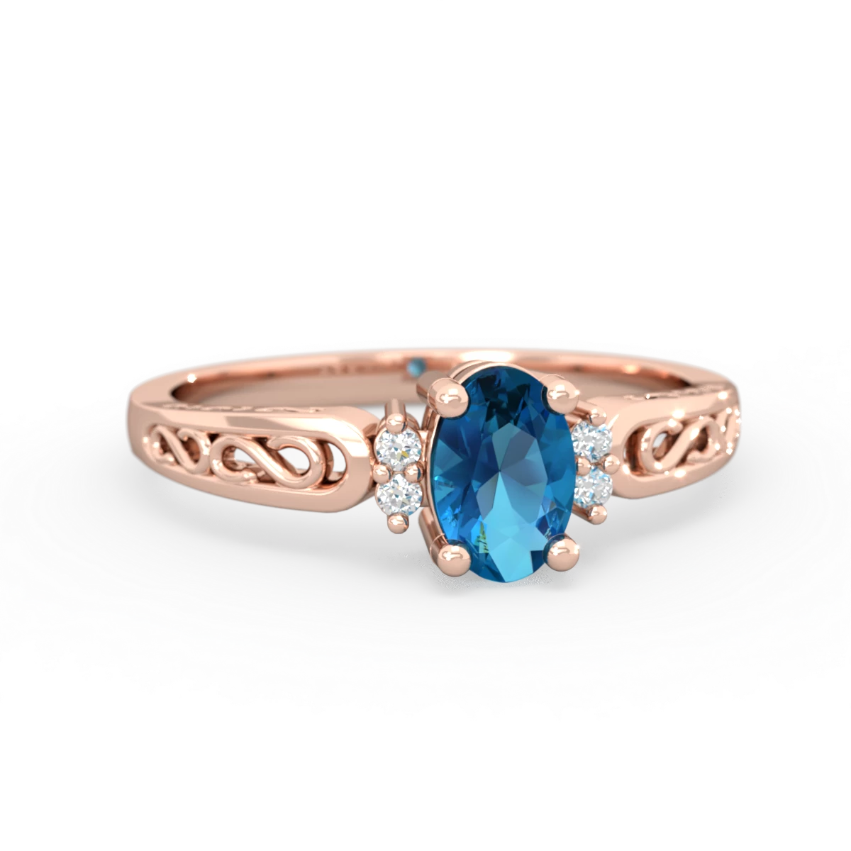 London Topaz Filligree Scroll Oval 14K Rose Gold ring R0812