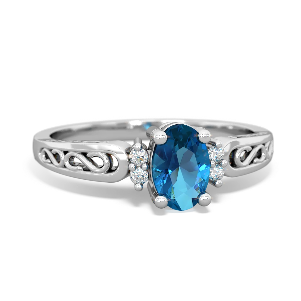 London Topaz Filligree Scroll Oval 14K White Gold ring R0812