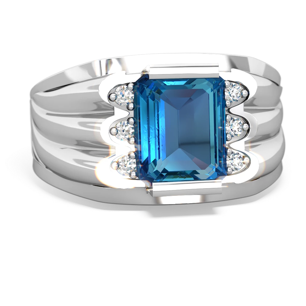 London Topaz Men's 9X7mm Emerald-Cut 14K White Gold ring R1835