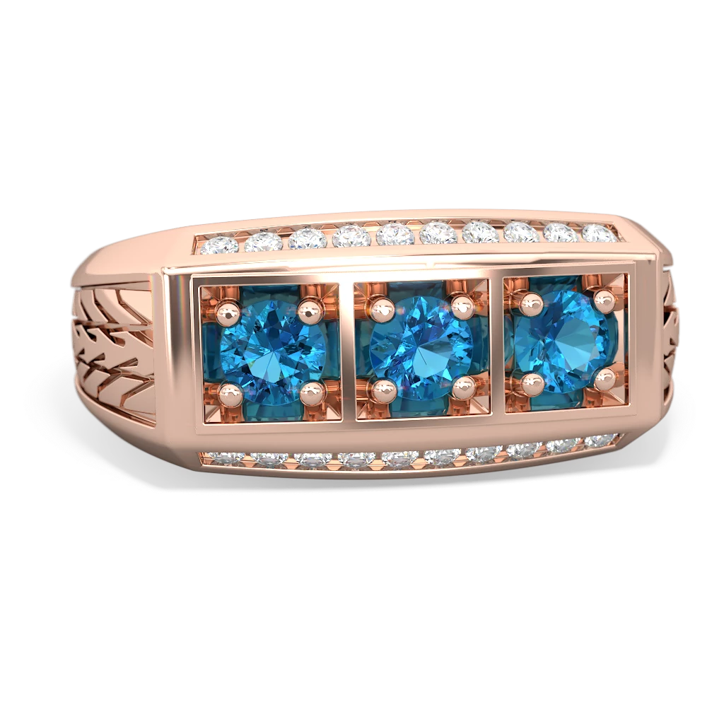 London Topaz Three Stone Tire Tread Men's 14K Rose Gold ring R0520