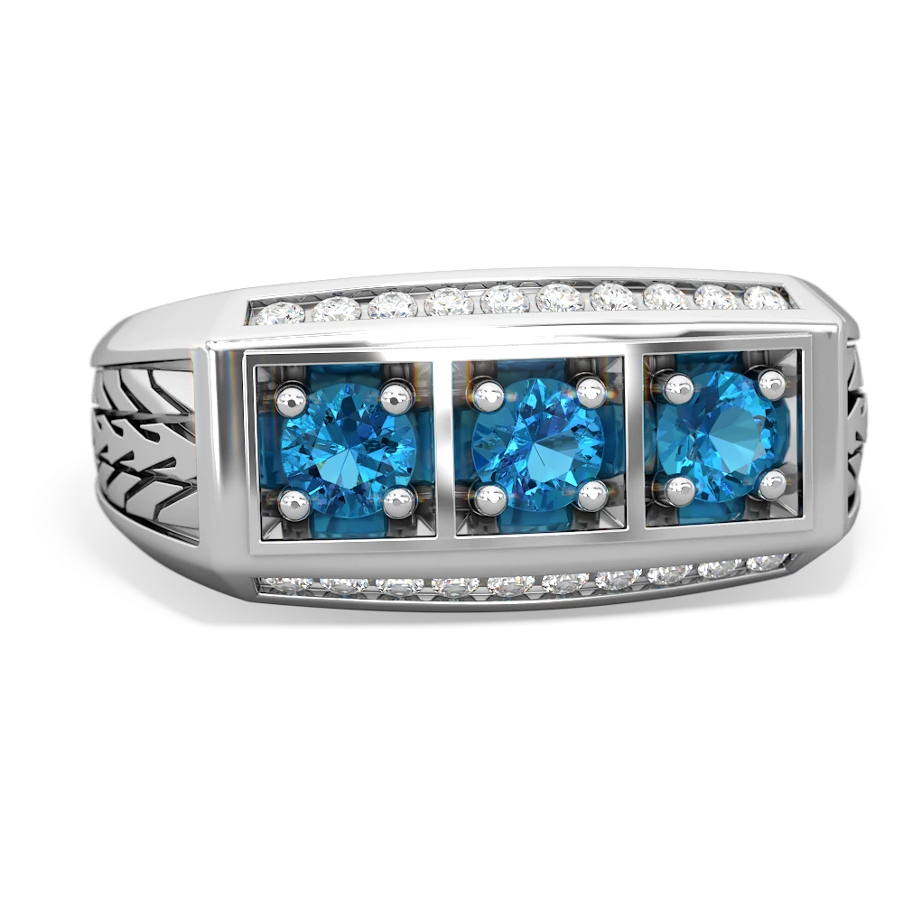 London Topaz Three Stone Tire Tread Men's 14K White Gold ring R0520