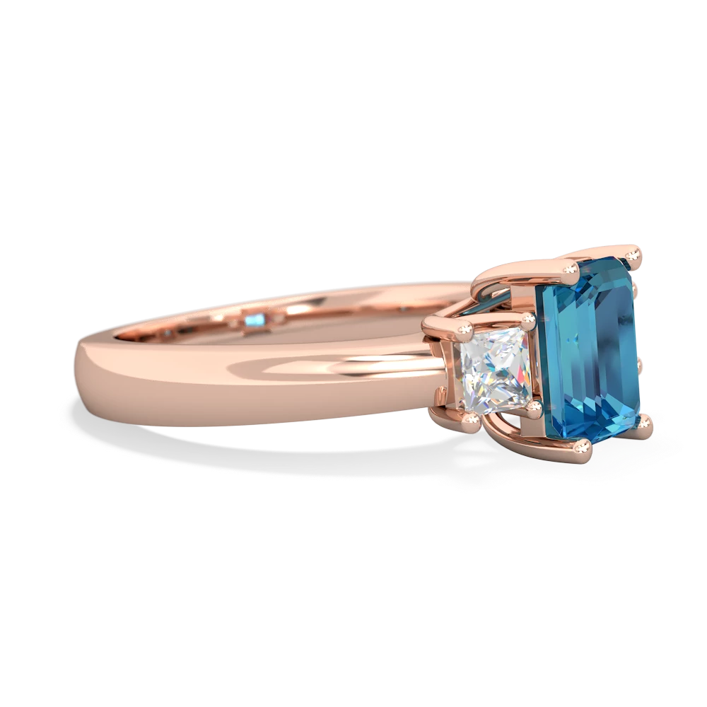 London Topaz Diamond Three Stone Emerald-Cut Trellis 14K Rose Gold ring R4021