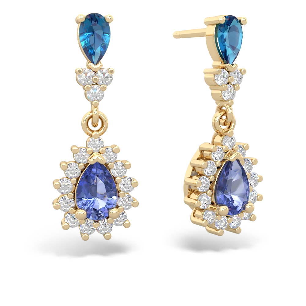 London Topaz Halo Pear Dangle 14K Yellow Gold earrings E1882