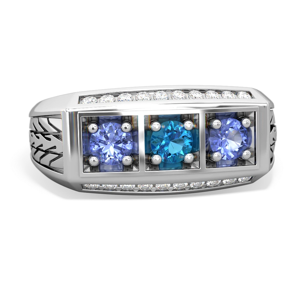 London Topaz Three Stone Tire Tread Men's 14K White Gold ring R0520