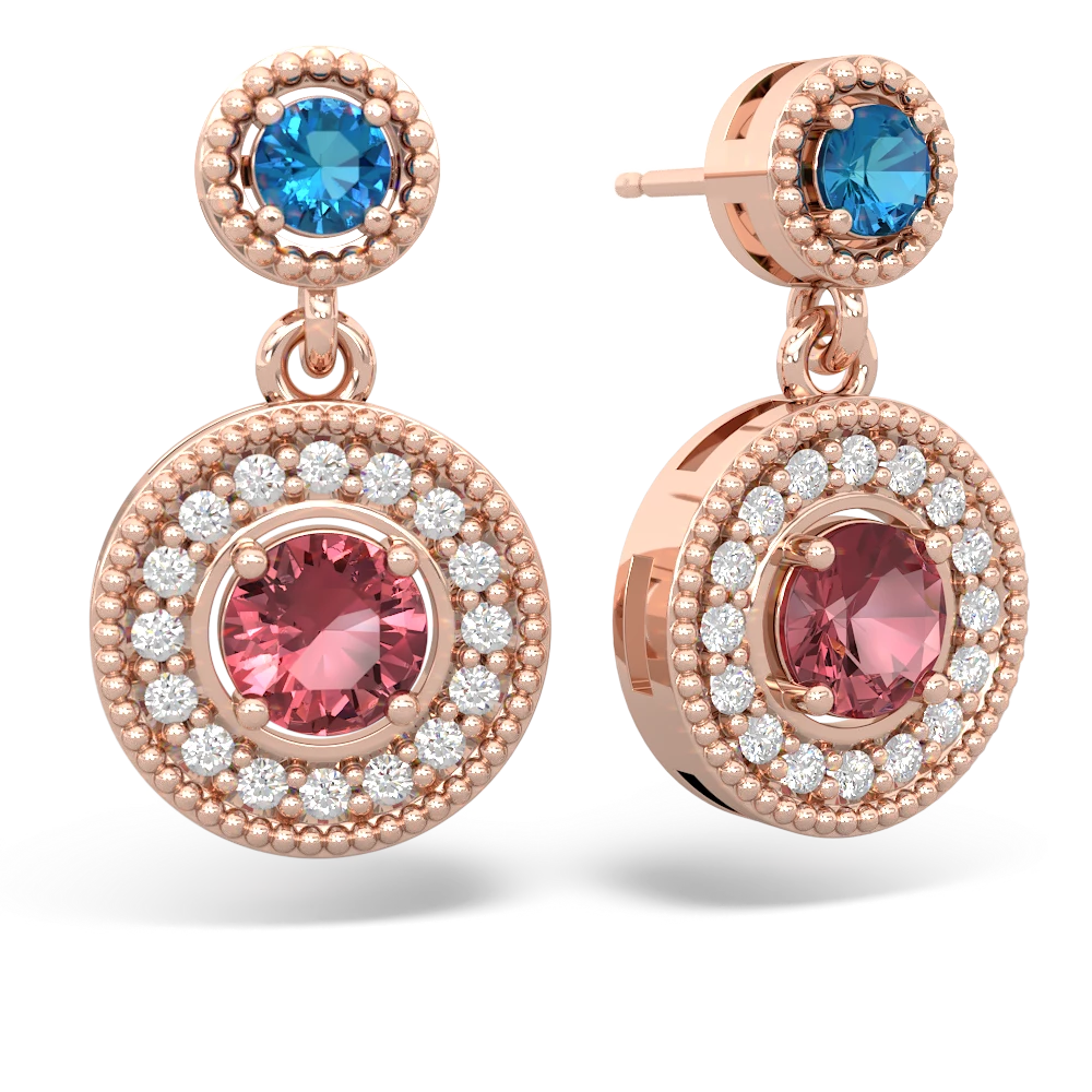 London Topaz Halo Dangle 14K Rose Gold earrings E5319