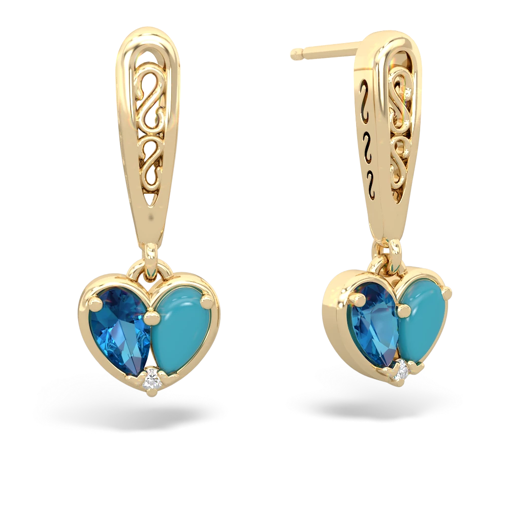 London Topaz Filligree Heart 14K Yellow Gold earrings E5070
