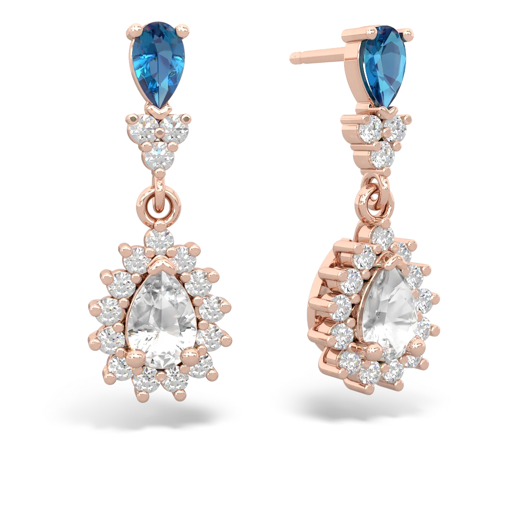 London Topaz Halo Pear Dangle 14K Rose Gold earrings E1882