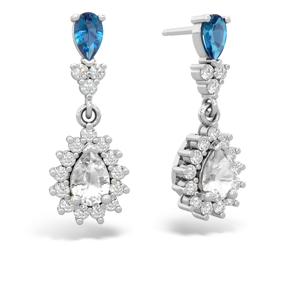 London Topaz Halo Pear Dangle 14K White Gold earrings E1882